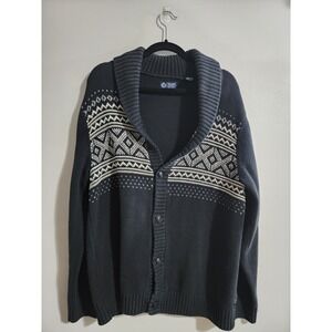 Chaps Mens Black Fair Isle Shawl Collar Sweater Lagenlook Button Front L